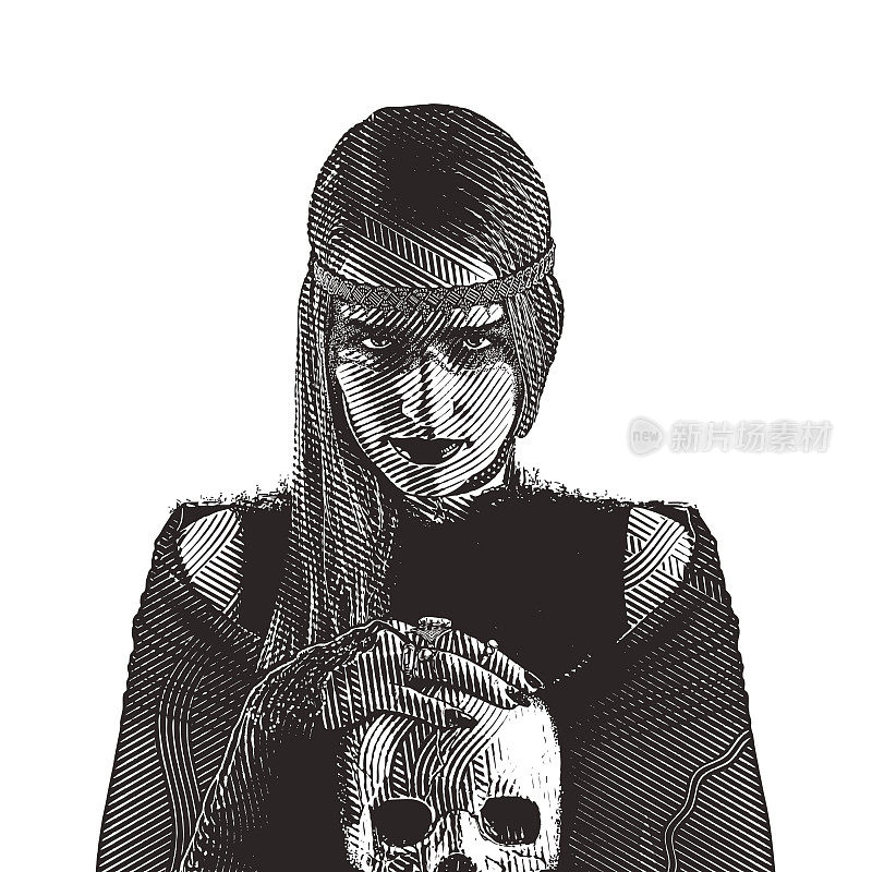 Young Goth woman holding skull